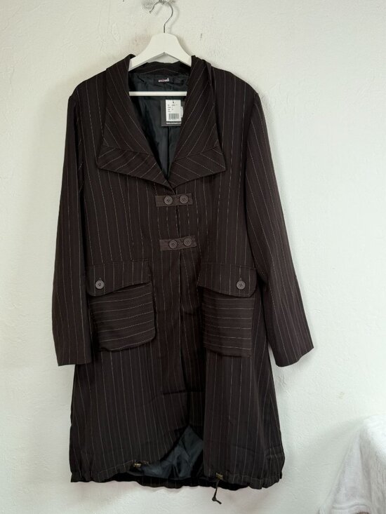 Animale Jackets & Blazers - Animale Women's Size 10 Brown Pinstripe Long Coat Jacket Drawstring Hem NWT $238